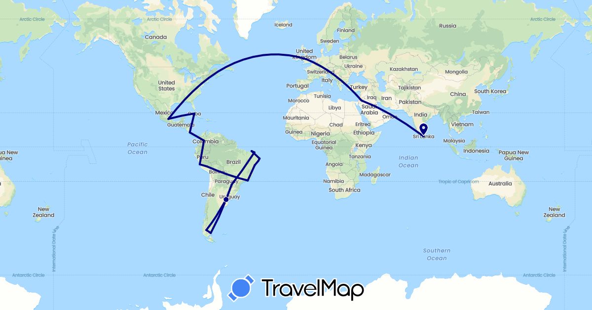 TravelMap itinerary: driving in Argentina, Brazil, Colombia, Costa Rica, Cuba, United Kingdom, Jordan, Sri Lanka, Mexico, Peru (Asia, Europe, North America, South America)